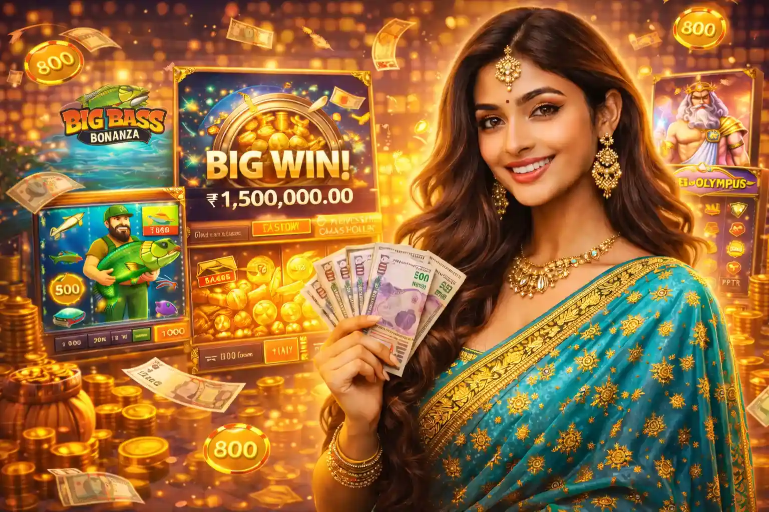 A smiling woman holding cash next to popular slot games displaying a big win notification
