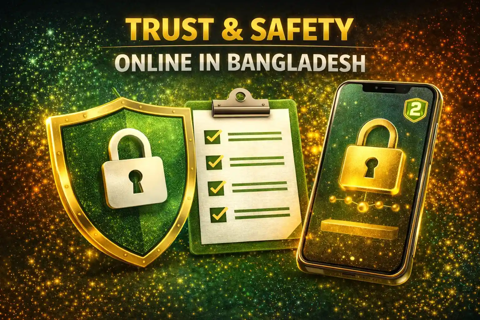 Green shield and mobile phone with a lock symbol symbolizing secure and safe online gambling